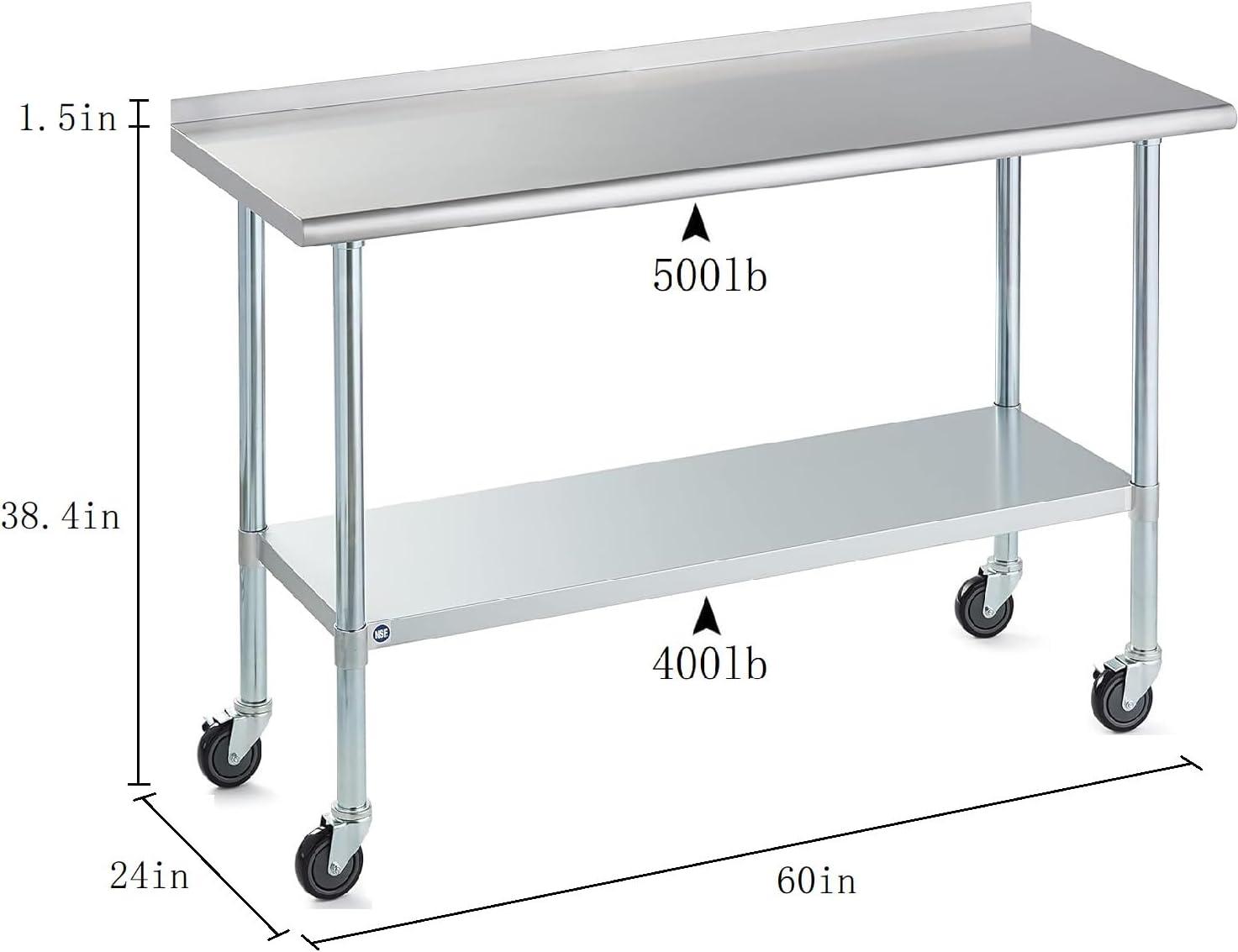 AmGood 60" Long x 24" Deep Stainless Steel Work Table With Open Base and Wheels | Mobile Metal Table