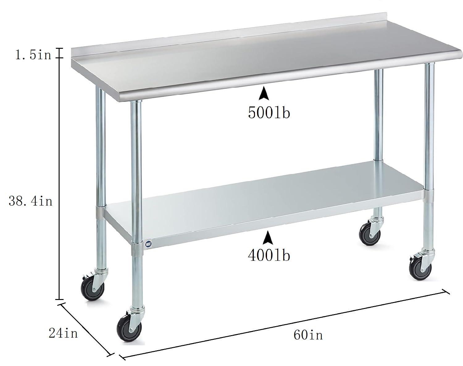 AmGood 60" Long x 24" Deep Stainless Steel Work Table With Open Base and Wheels | Mobile Metal Table