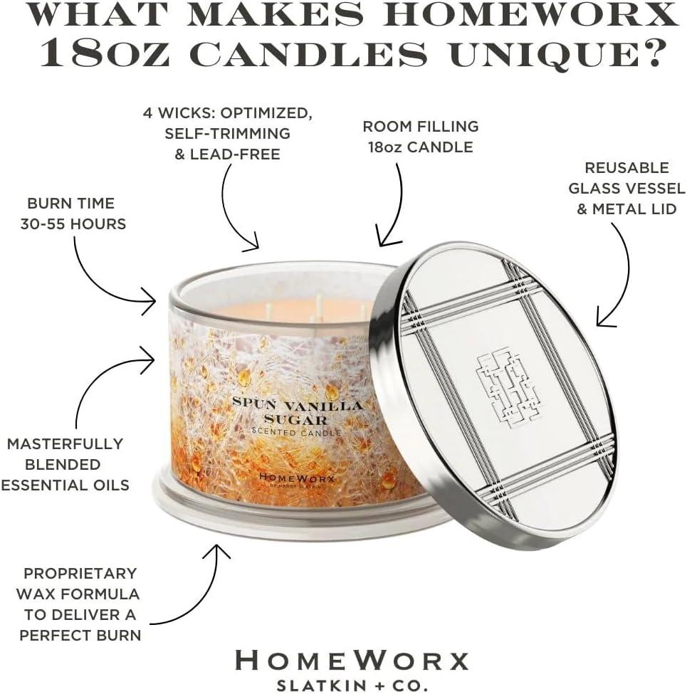 Premium Scented 18oz Candle - HomeWorx by Slatkin & Co - Spun Vanilla Sugar - 4 Wicks - Long-Lasting Jar Candle, 30-55 Hours Clean Burn Time - Vanilla Sugar, Caramel, hint of Citrus