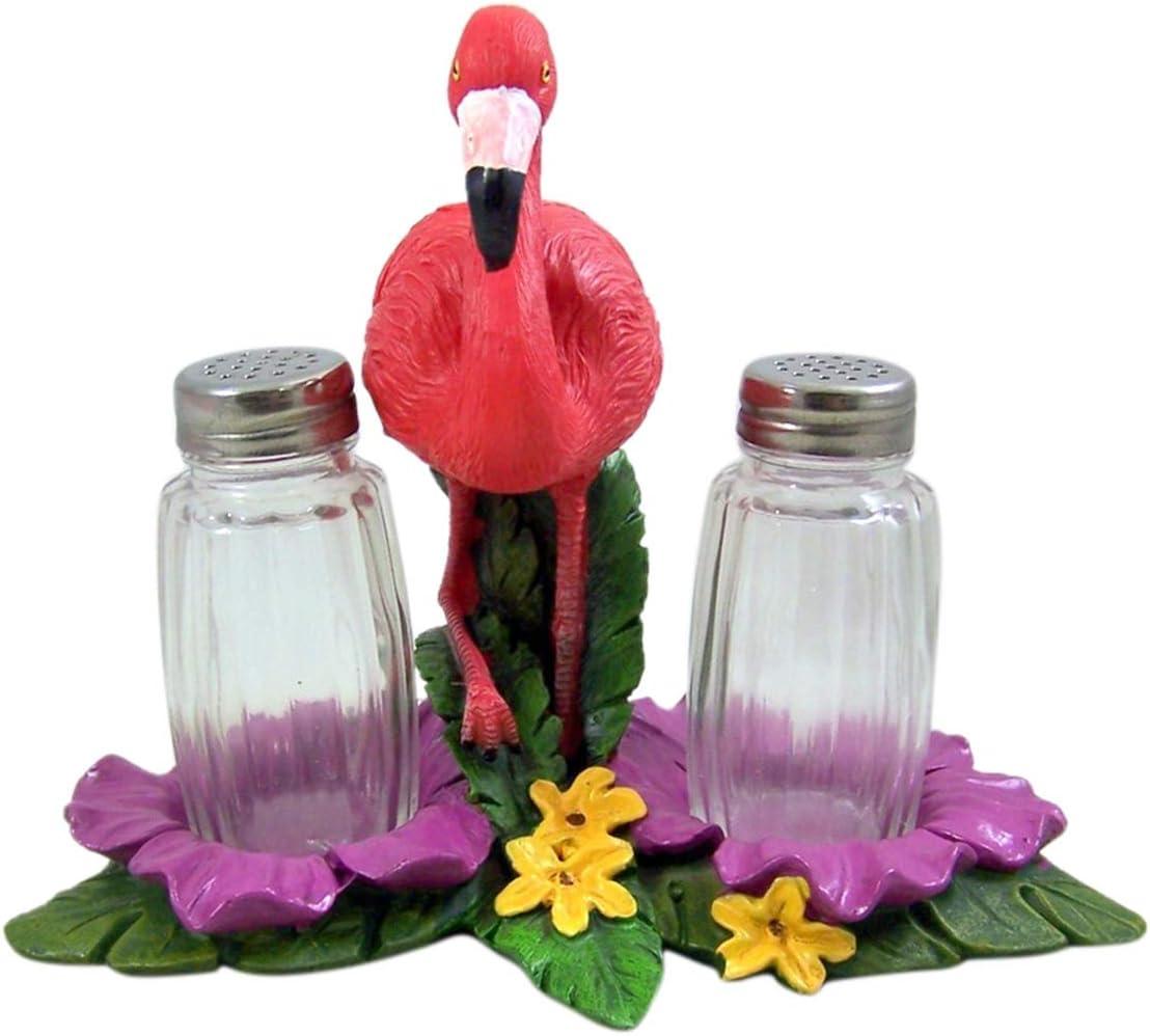 De Leon Collections Polyresin Tropical Pink Flamingo on Palms Floral Coastal Living Salt and Pepper Shaker Holder Set
