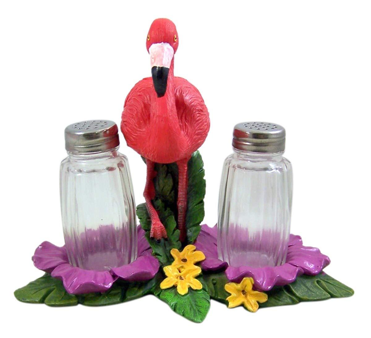 De Leon Collections Polyresin Tropical Pink Flamingo on Palms Floral Coastal Living Salt and Pepper Shaker Holder Set