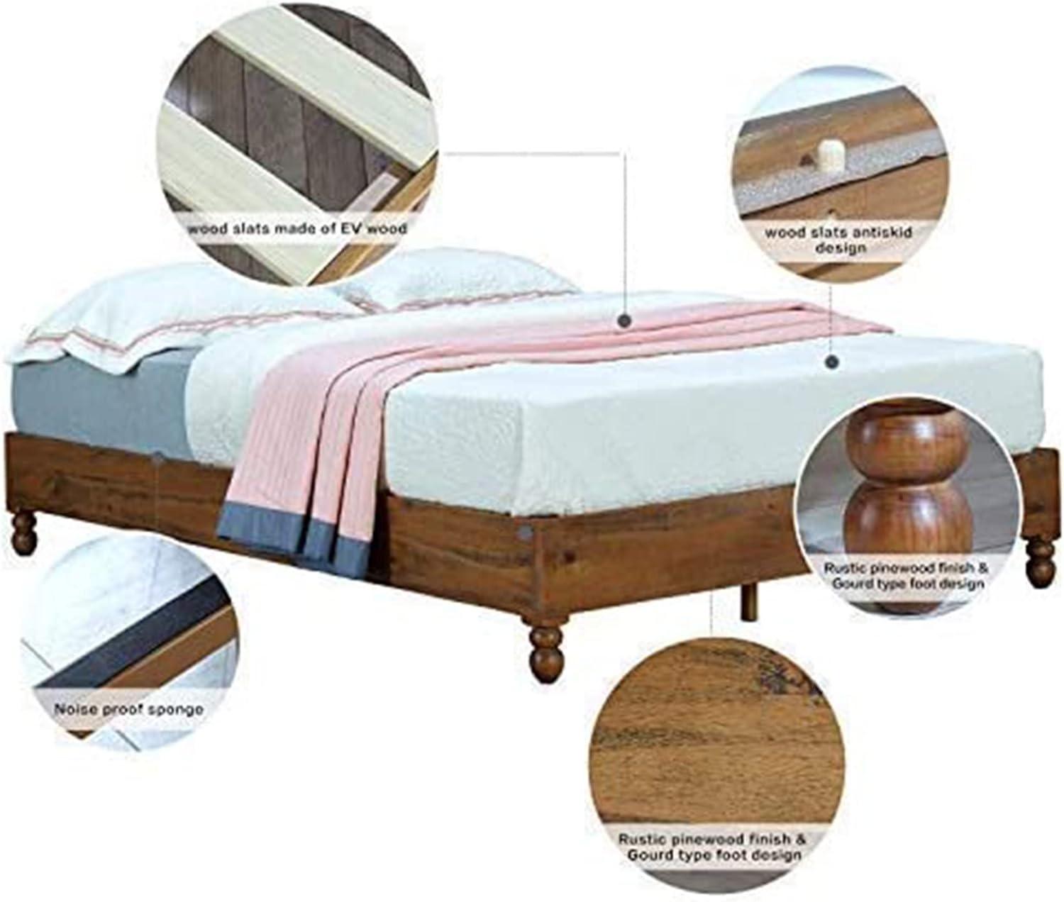 Rustic Pine Finish Full Platform Bed with Gourd Legs and Storage Drawer