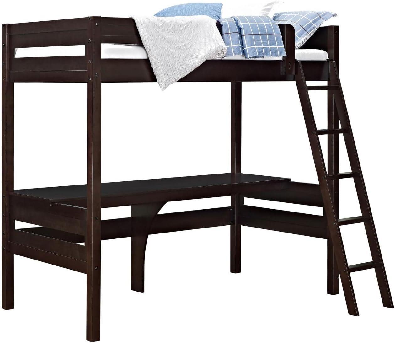 Espresso Twin Wood Loft Bed with Headboard and Slats