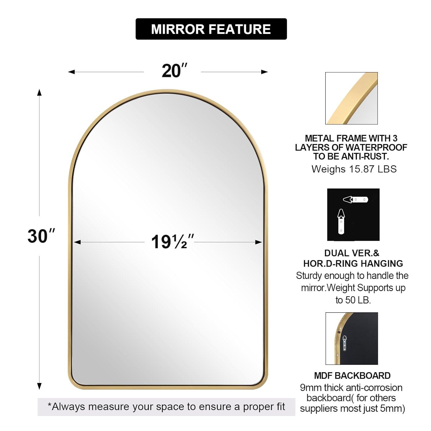 Arched Aluminum Alloy Framed Decorative Wall Mirror 20x30 - Gold