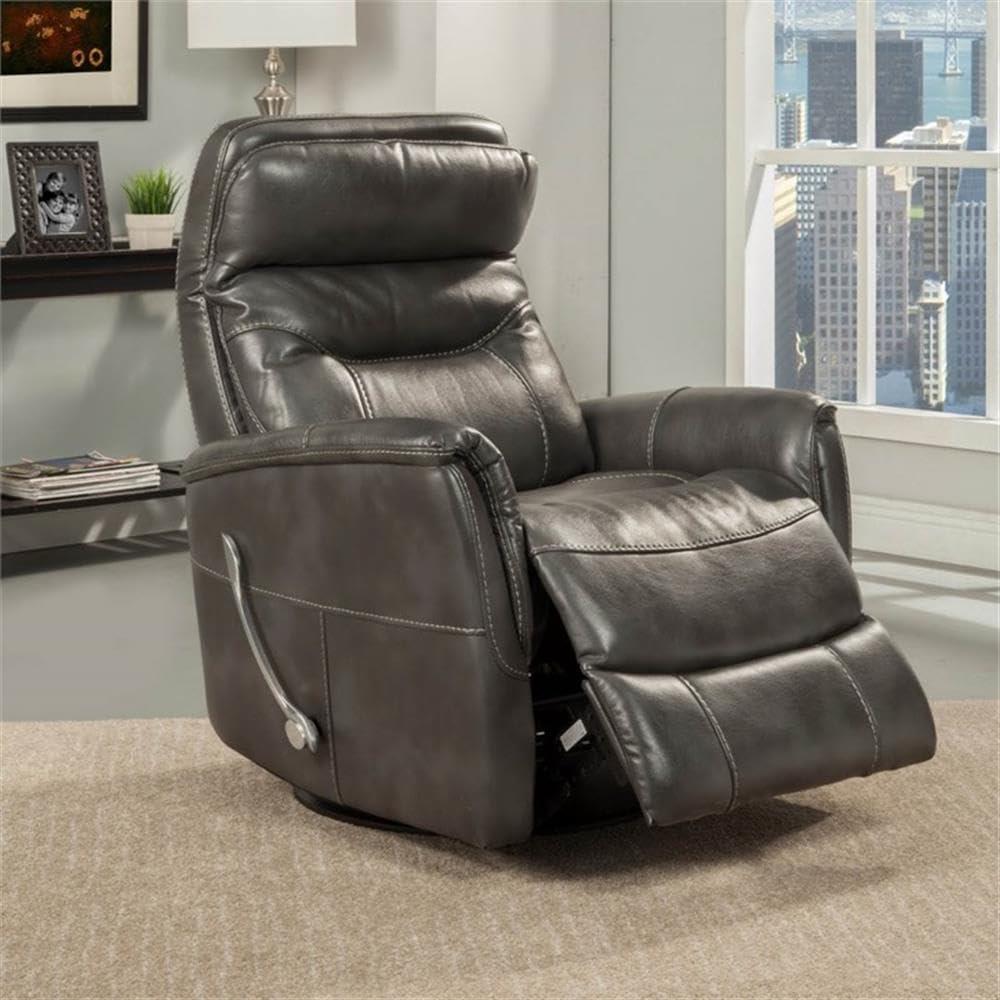Traditional Flint Brown Leather Swivel Recliner with Wood Accents