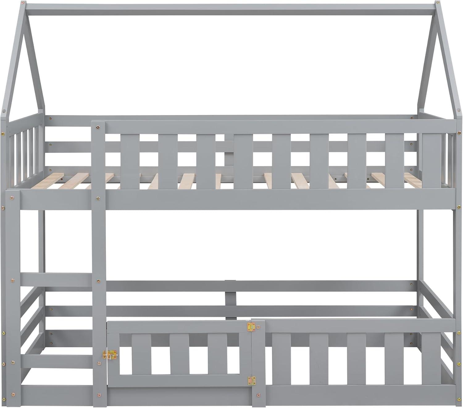 Harper & Bright Designs Twin Over Twin House Bunk Bed Frame for Boys Girls Kids Adults Toddler with Fence and Door, Gray