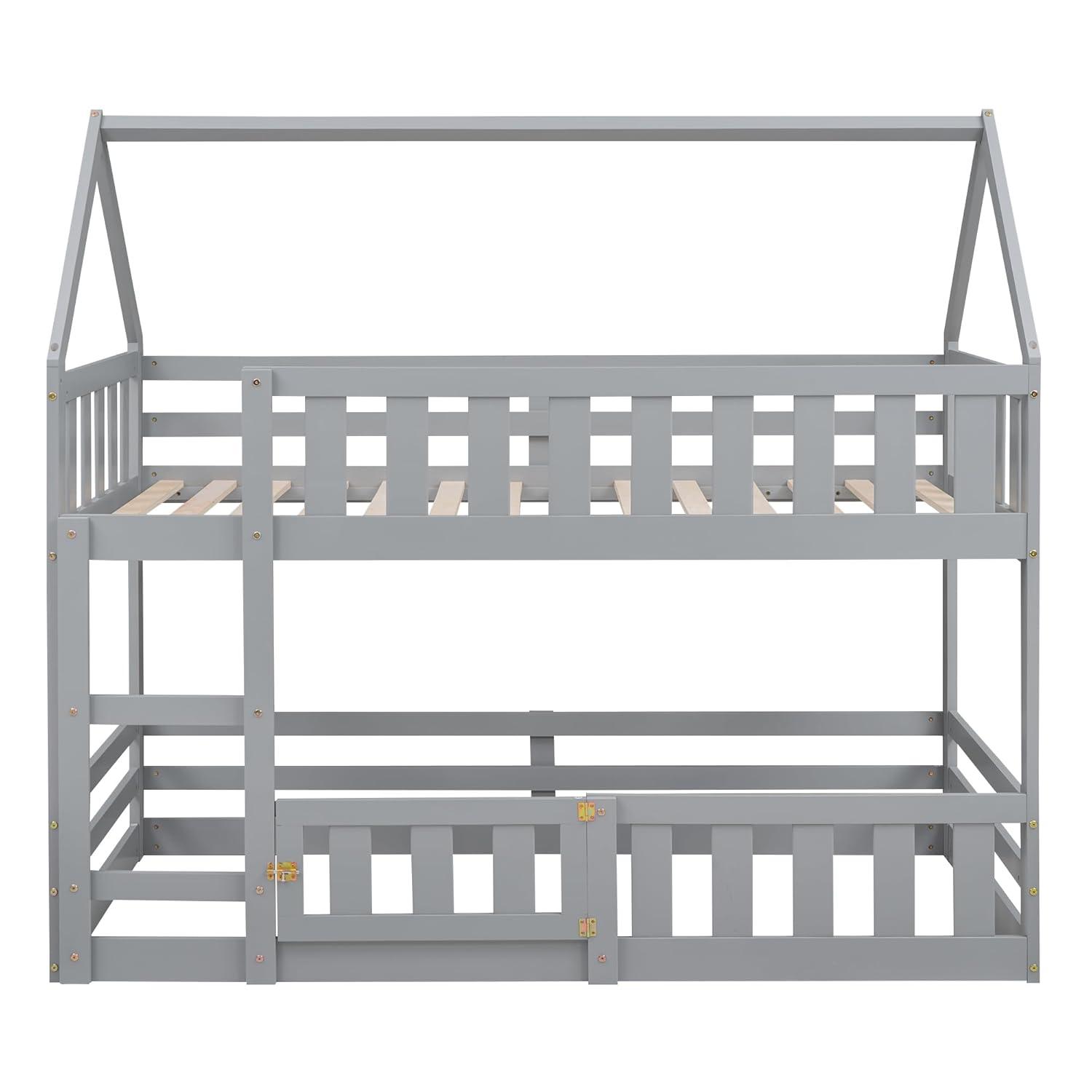 Harper & Bright Designs Twin Over Twin House Bunk Bed Frame for Boys Girls Kids Adults Toddler with Fence and Door, Gray
