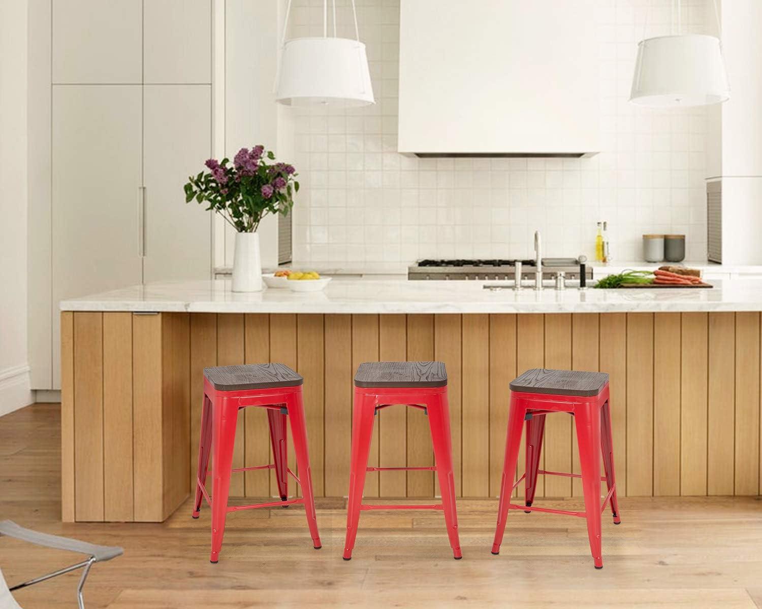24" Red Metal Bar Stools with Wood Seat, Set of 4