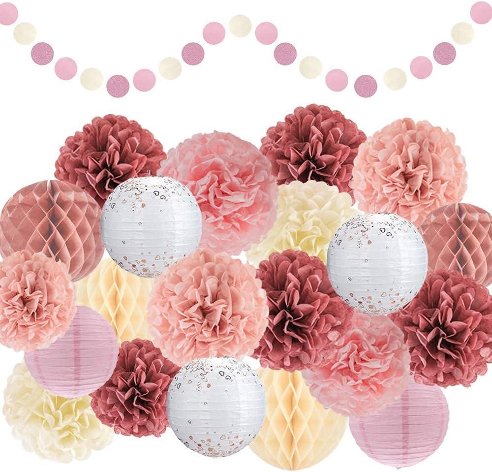 EpiqueOne 22-Piece Tissue Paper Pom Poms and Paper Lantern Party Kit - Add a Splash of White, Pink, & Mauve to Your Celebrations!