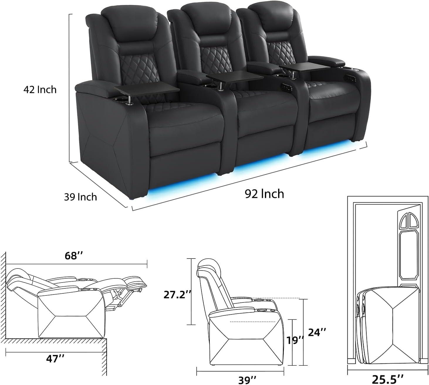 Top Grain Leather Home Theater Seating Power Headrest & Memory Function, 7-Color Ambient Lighting, USB/Type-C Charging, Easy Assembly Electric Recliner Chair (Row of 3)