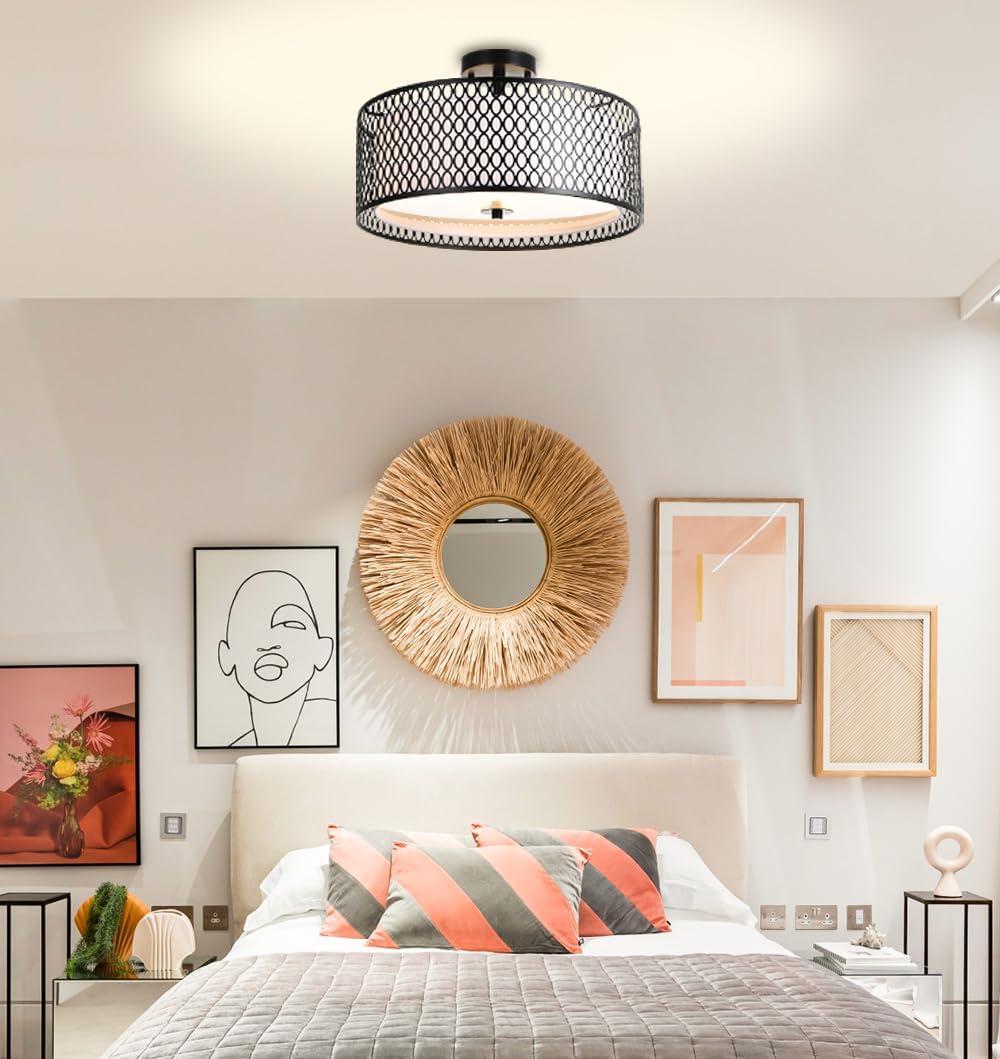 Modern Black Crystal Drum Semi-Flush Mount Ceiling Light