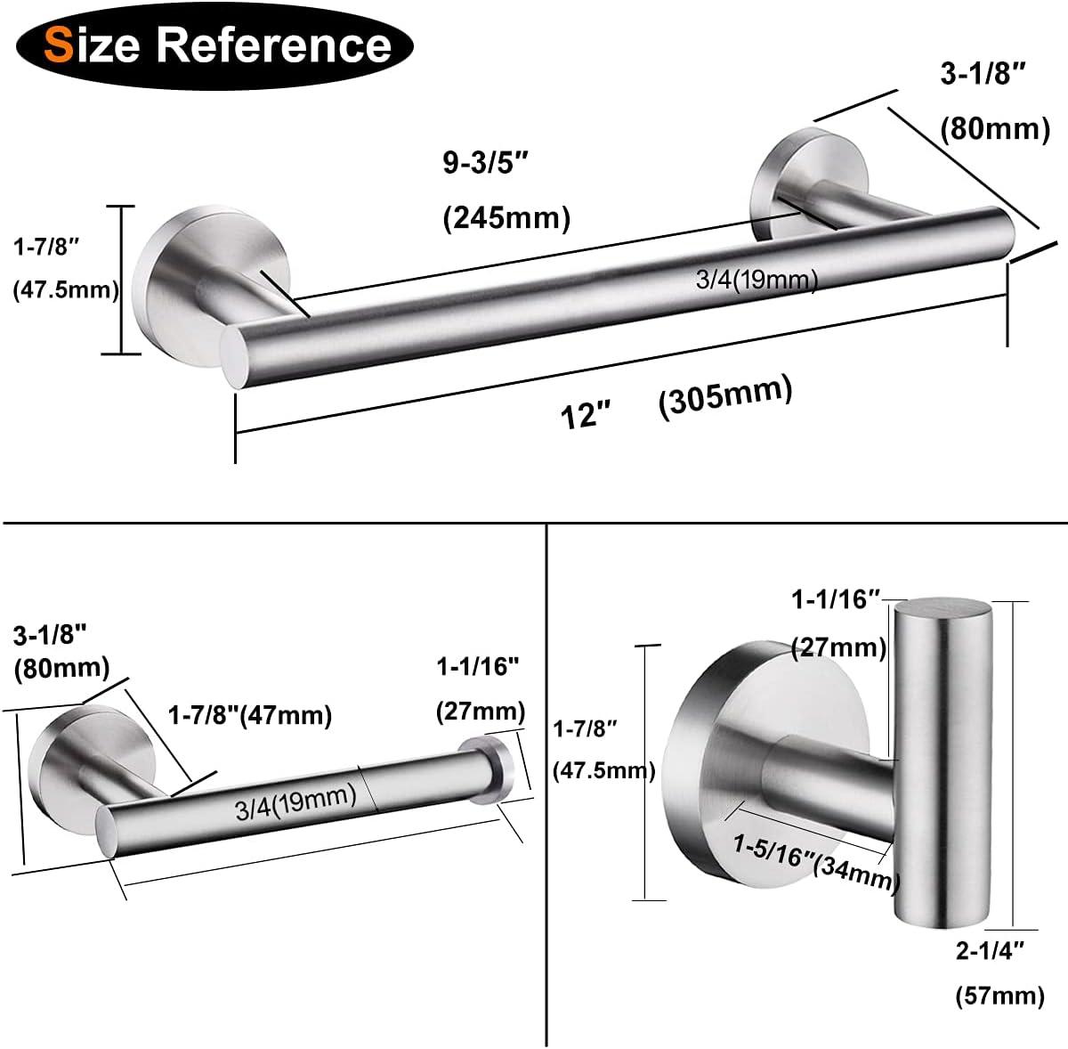 Nolimas 3-Pieces Set Brushed Nickel Bathroom Hardware SUS304 Stainless Steel Round Wall Mounted - Includes 12" Hand Towel Bar, Toilet Paper Holder, Robe Towel Hooks,Bathroom Accessories Kit