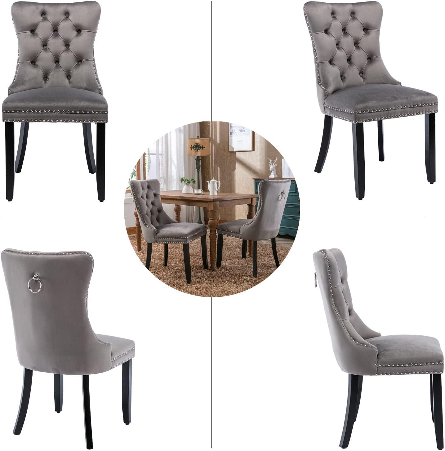 Modern Velvet Upholstered Dining Chairs with Back Button Nailhead Trim Accent Side Chairs with Wood Legs for Kitchen Dining Room(Gray,Set of 4)