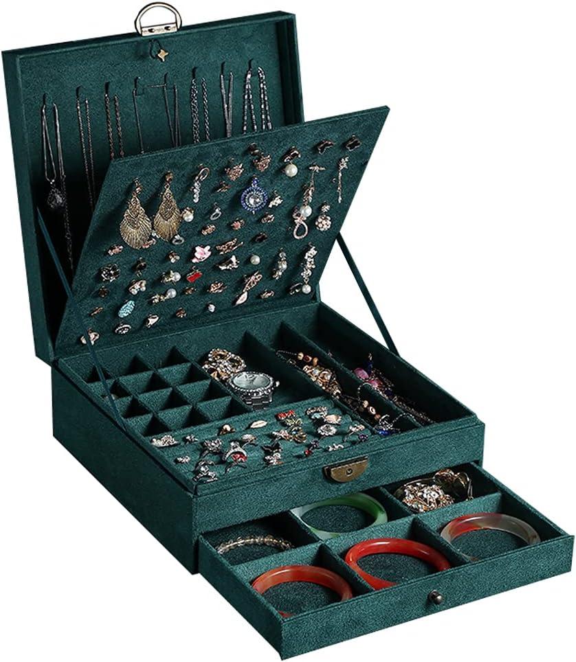 Women Jewelry Box Lockable 3 Layers Large Jewelry Organizer Storage Case for Earrings Necklaces Rings Bracelets,Green Display Jewel Holder (Green)