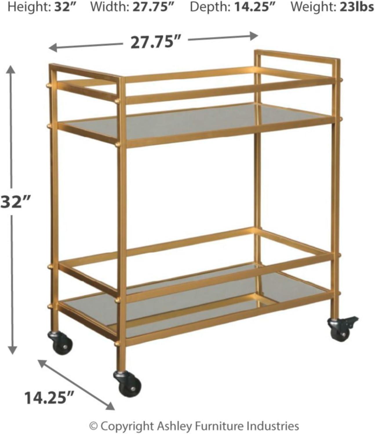 Signature Design by Ashley Kailman Bar Cart Gold Finish: Modern Mirrored Glass Beverage & Cocktail Cart with Locking Casters