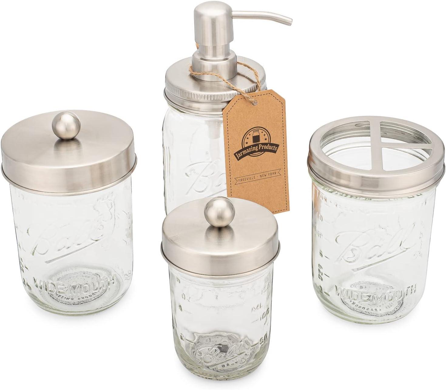 Mason Jar Bathroom Gift Set (4 pcs) - Lotion/Soap Dispenser, Toothbrush Holder, Q-Tip Storage Jars - Farmhouse Home Decor for Vanity Organization - Luxury Bathroom Accessories - Stainless Steel