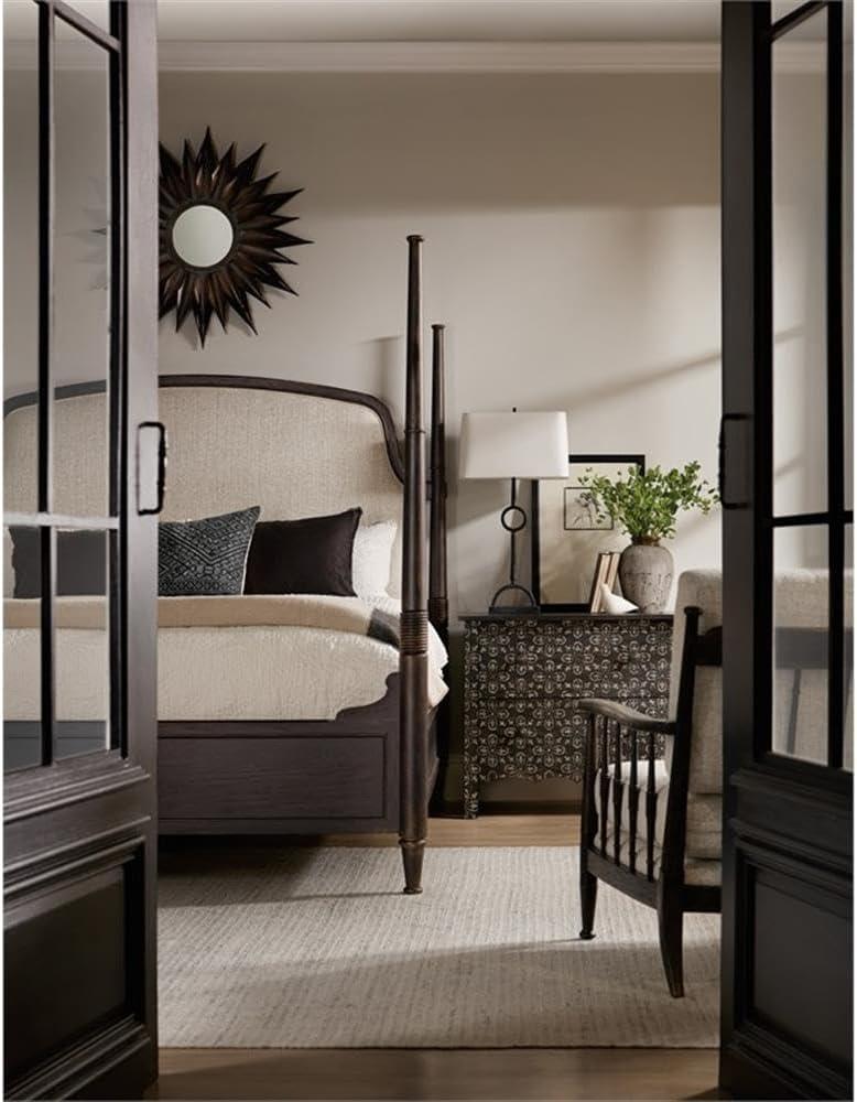 Rustic Beige King Upholstered Poster Bed with Wood Frame