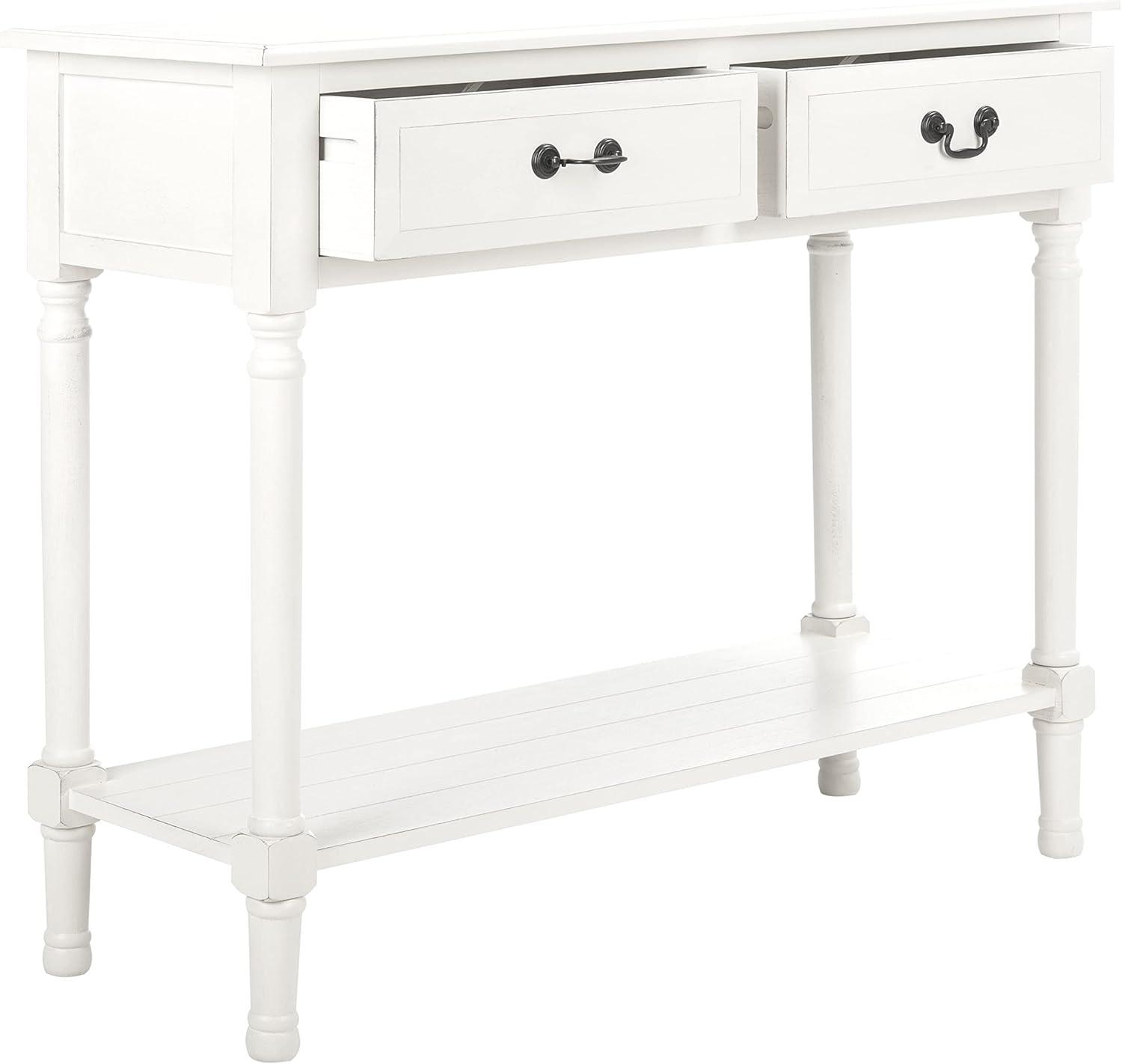 Distressed White Wood & Metal Console Table with Dual Drawers