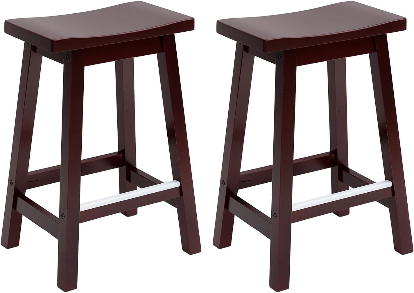 QuellQuest Bar Stools Set of 2 for Kitchen Counter Solid Wooden Saddle Stools 24-Inch/30-Inch Height (Brown, 24 in)
