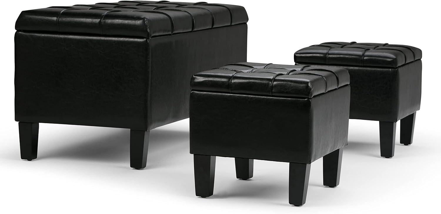 Dover Midnight Black Faux Leather 3-Piece Storage Ottoman Set