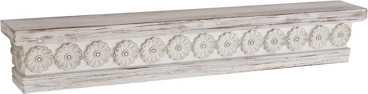 DecMode 36" x 5" Intricate Carved 1-Tier White Floral Wall Shelf