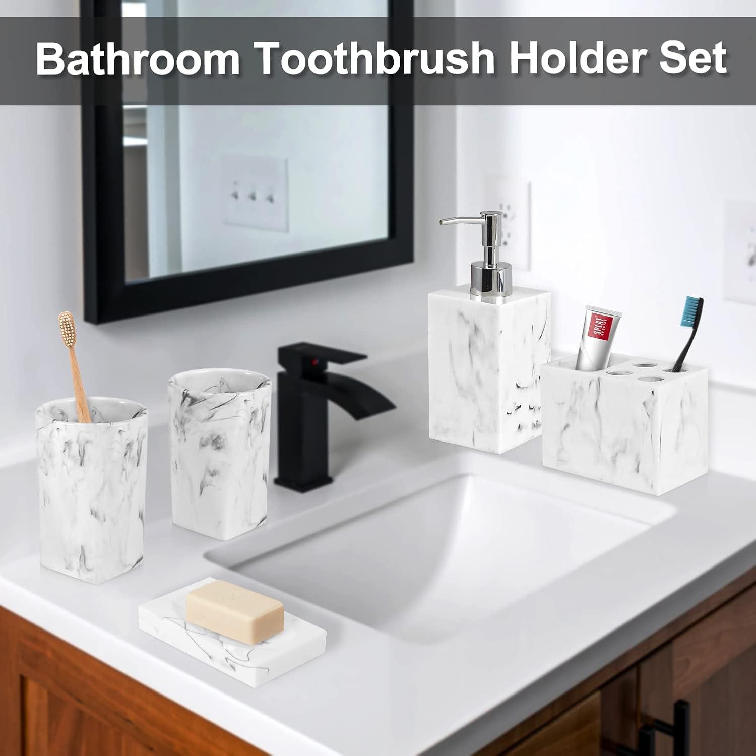 Haturi Bathroom Accessories Set, 4 Pcs Marble Look Sets Soap Dispenser & Toothbrush Holder Counter Top Restroom Apartment Decor Stuff, Glass Kits, Gift for Women and Men, Ink White