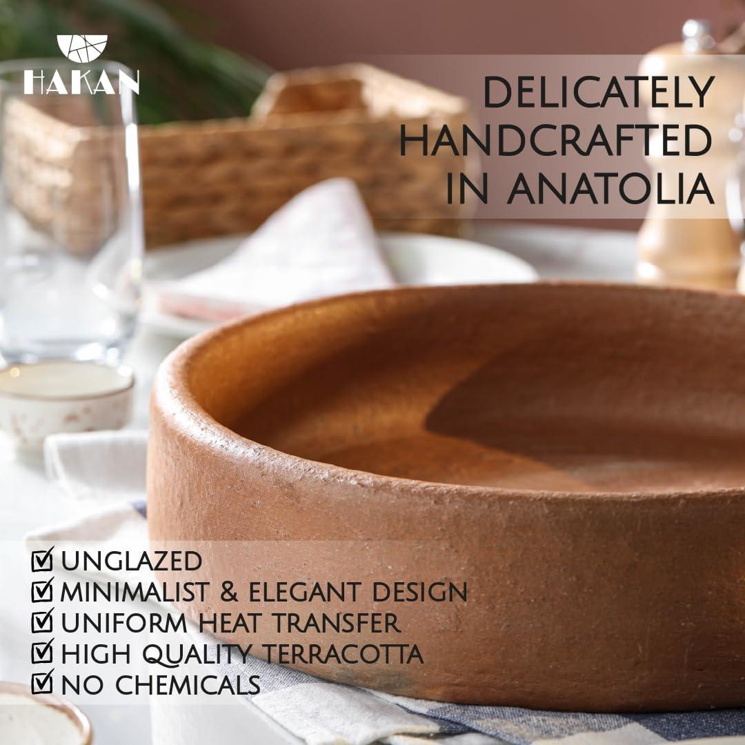 Hakan Efes Clay Pan for Cooking, Natural Unglazed Pot, Traditional Earthenware, Terracotta Ancient Meat Cazuela Dish, Round, No Lid, Midi, 3.6 qts