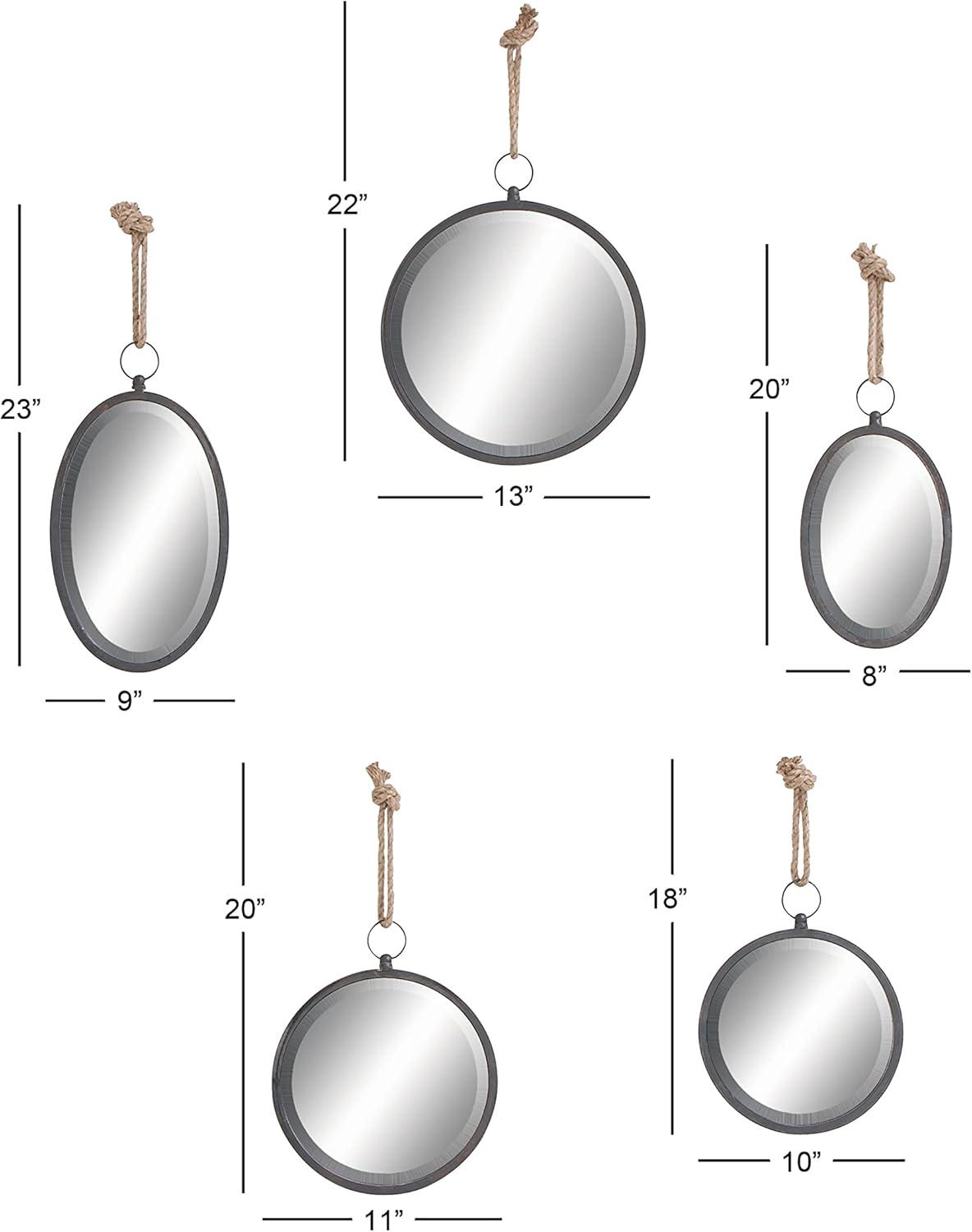 Gray Metal Round and Oval Wall Mirrors with Rope Hangers, Set of 5