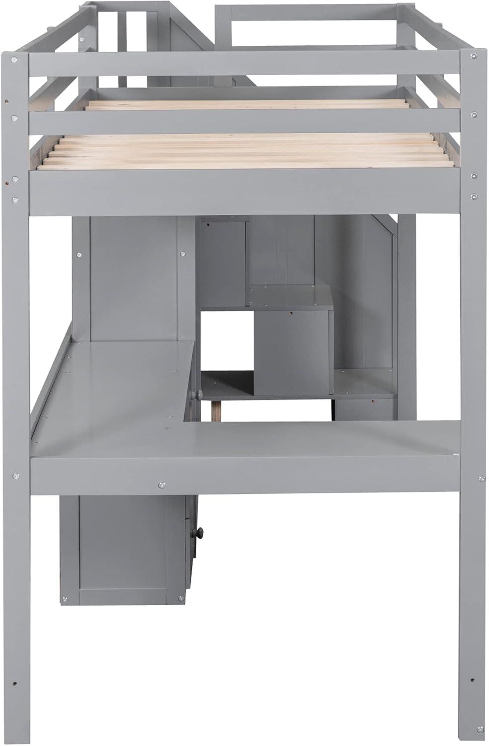 Twin Size Loft Bed with Staircase and L-Shaped Desk, Wooden Loft Bed with Storage Shelves and Drawers, Twin Loft Bunk Bed Frame for Kids Boys Girls Teens, No Box Spring Needed (Gray)
