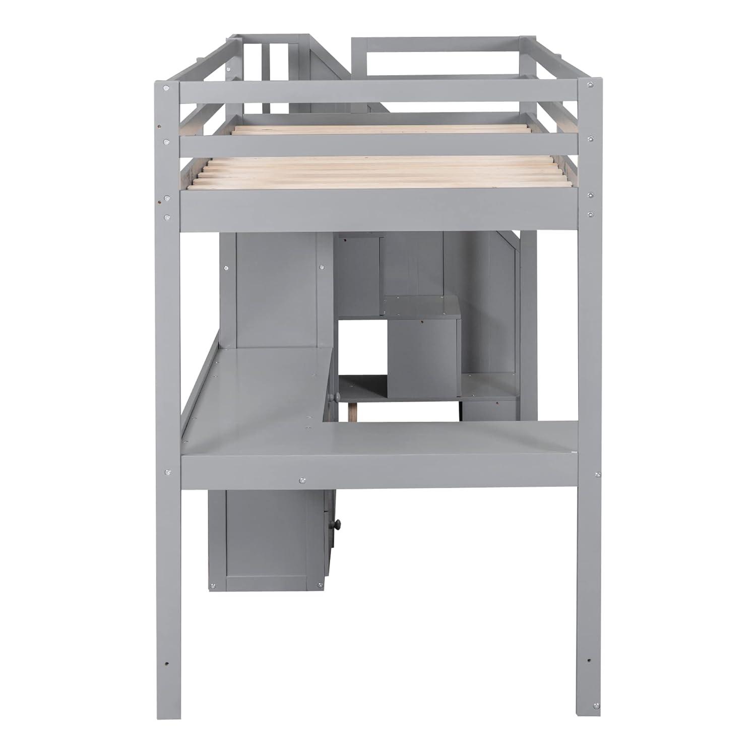 Twin Size Loft Bed with Staircase and L-Shaped Desk, Wooden Loft Bed with Storage Shelves and Drawers, Twin Loft Bunk Bed Frame for Kids Boys Girls Teens, No Box Spring Needed (Gray)