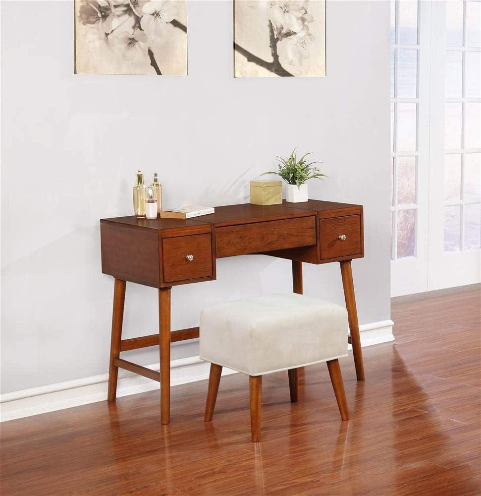 Viola Mid-Century Modern Flip-up Mirror 2 Drawer Vanity and Upholstered Stool Brown - Linon: Rubberwood, MDF, Lift-Top Storage