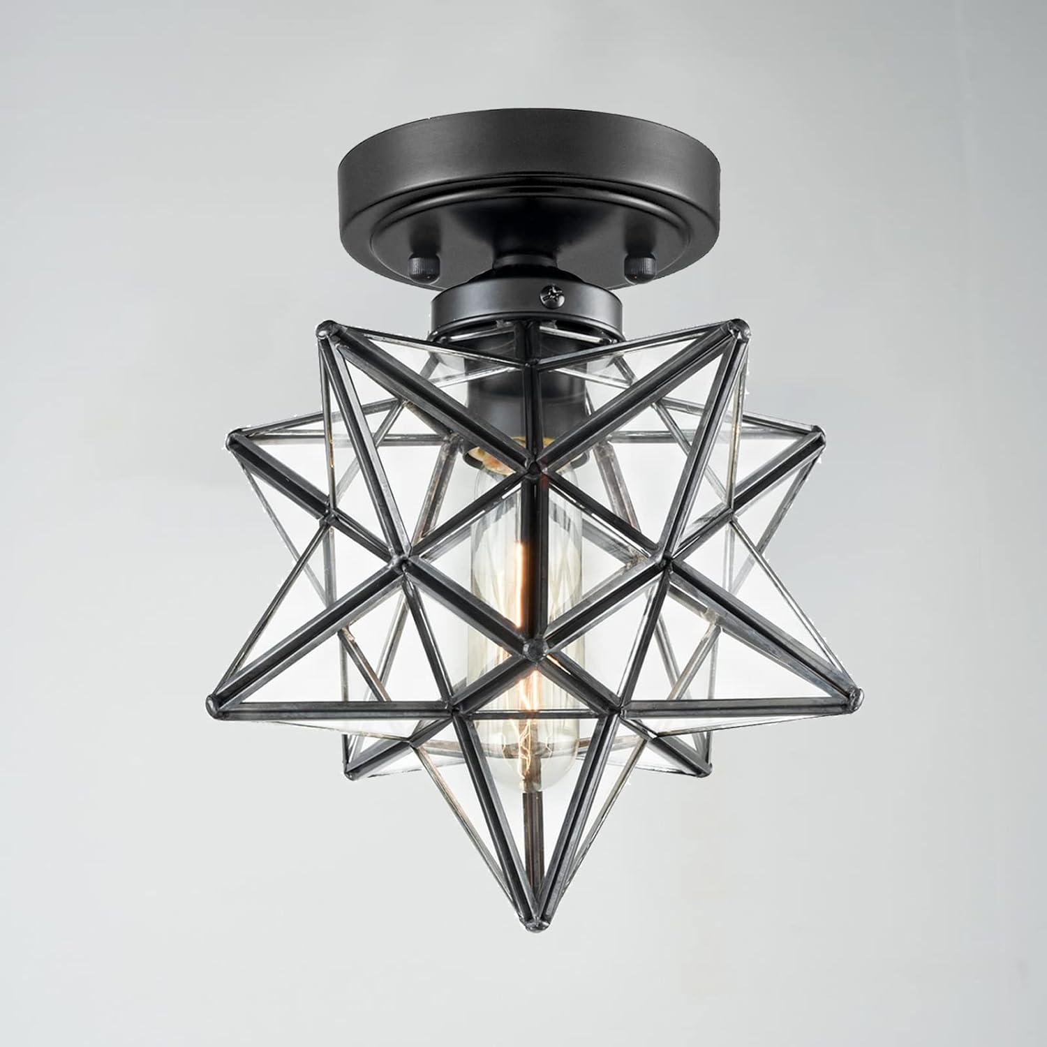 Moravian Star Light Fixture Industrial Black Semi Flush Ceiling Glass Metal New