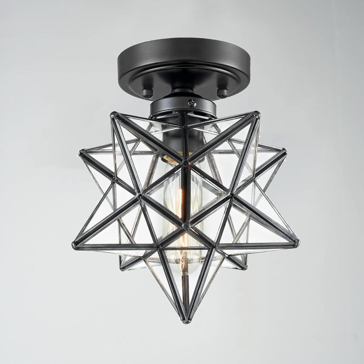 Industrial Moravian Star 8-Inch Clear Glass and Metal Ceiling Light