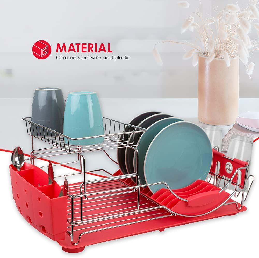 Red 2-Tier Metal Dish Drying Rack with Utensil Cup