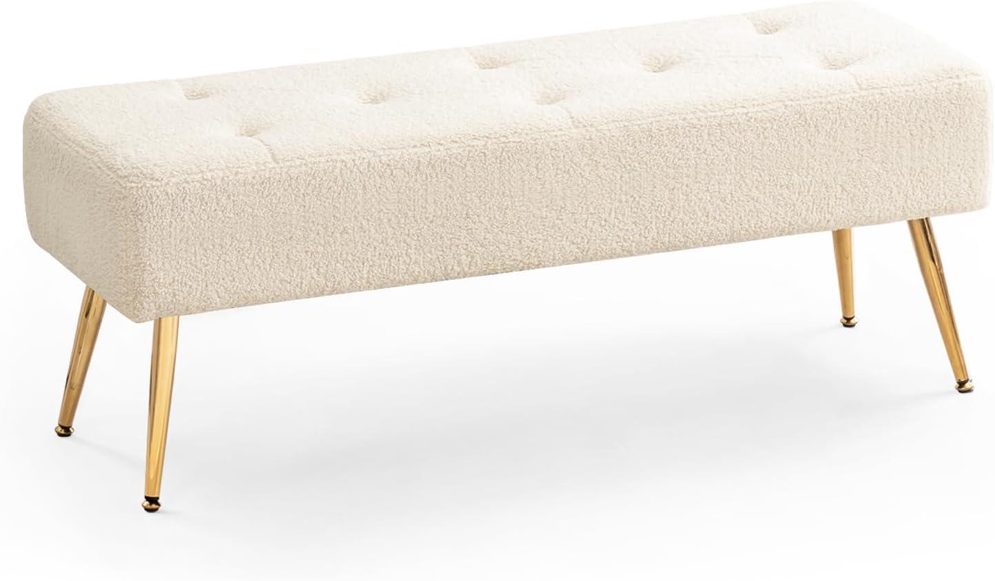 Ivory White Tufted Faux Leather Bench with Gold Metal Legs