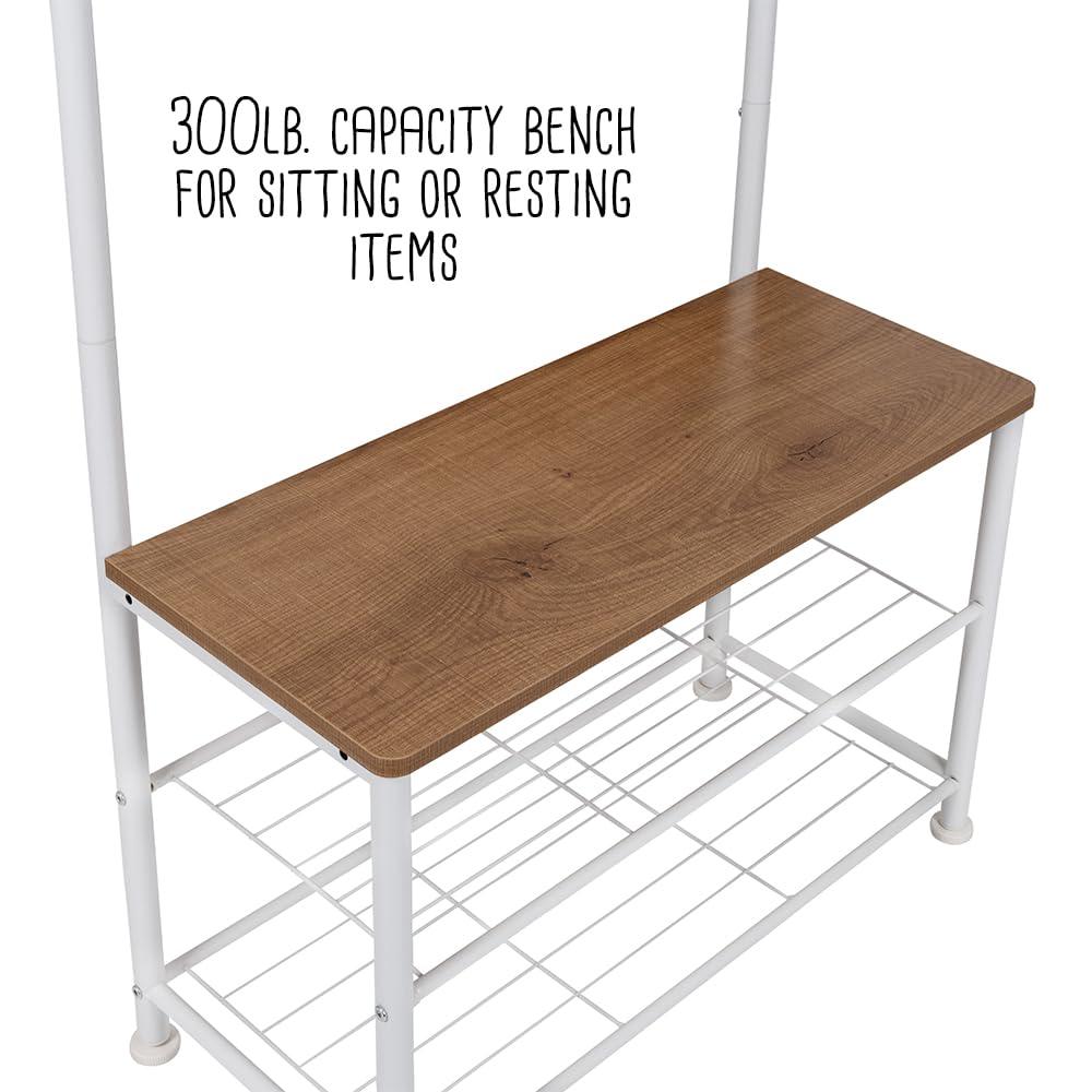 Honey-Can-Do Steel and MDF Freestanding Entryway Hall Tree with 9 Hooks and Shoe Storage Bench, White/Natural