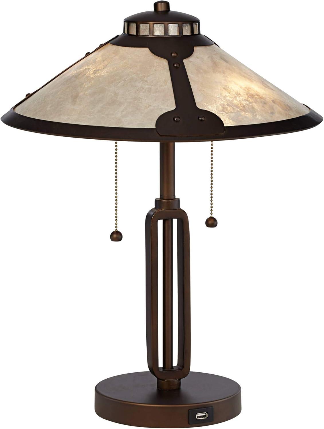 Franklin Iron Works Samuel Mission Desk Table Lamps 20" High Set of 2 Bronze with USB Charging Port Mica Shade for Bedroom Living Room Bedside Desk