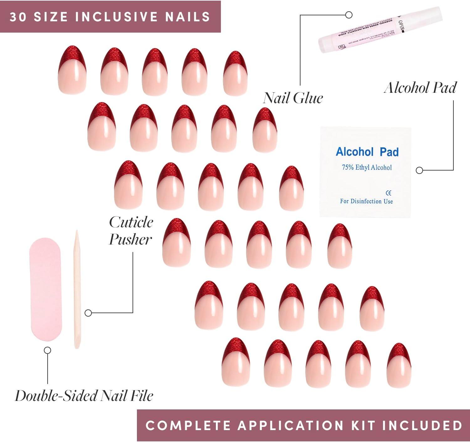 Glamnetic Press-On Nails – Red Affair | Sparkly Red French Tip Nails, Reusable, 30 Count