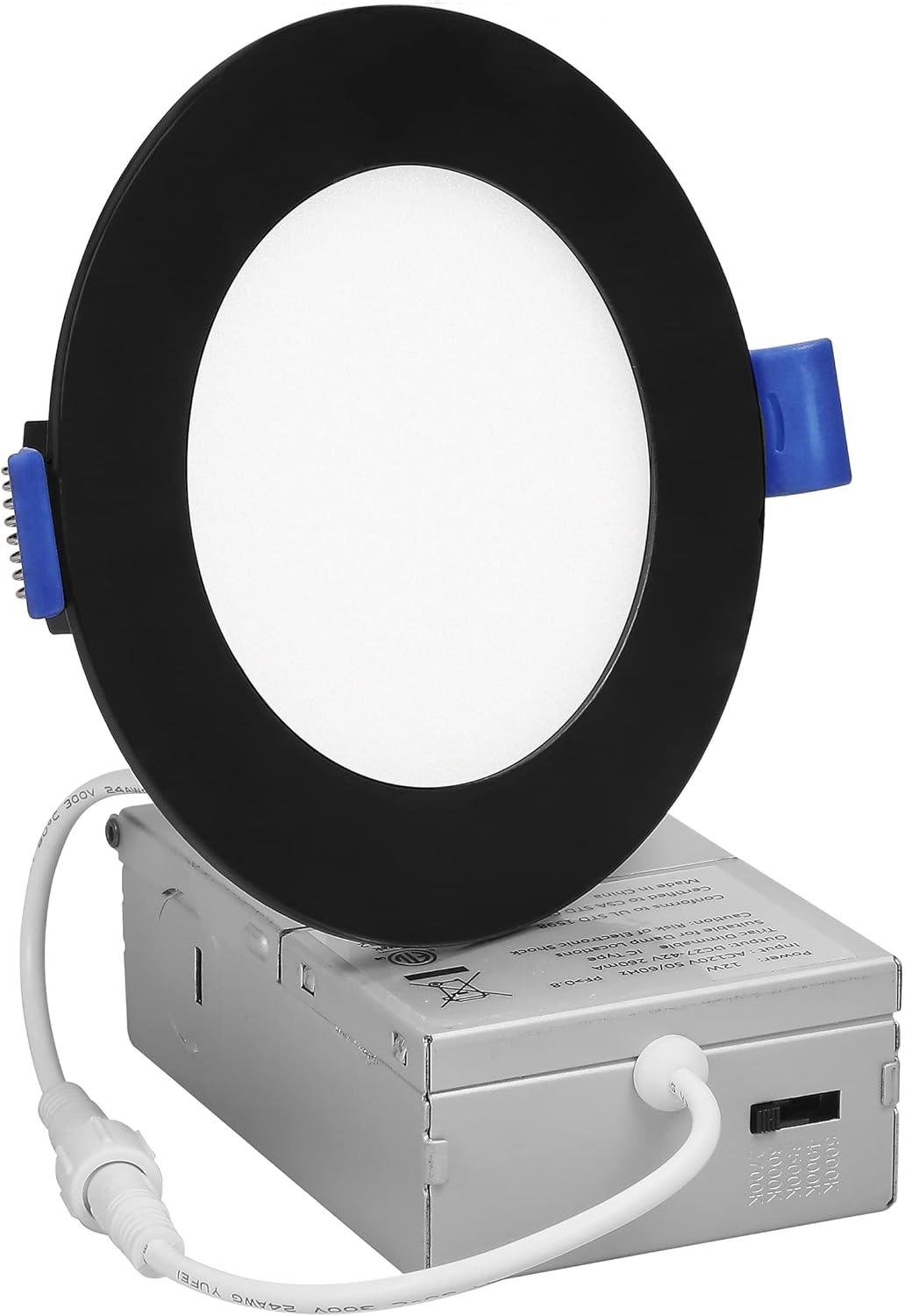 Maxxima 4 in. Ultra Thin Recessed LED Downlight with Junction Box, Black Trim, 5 CCT Color Selectable 2700K-5000K, Dimmable, 700 Lumens