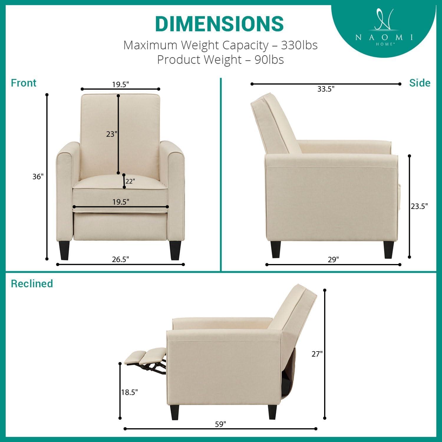 Landon Pushback Recliner Chairs, Reclining Chair, Small Recliners For Small Spaces, Small Recliners with Adjustable Footrest, Linen Club Chair, Push Back Recliner Chair - Cream, Linen