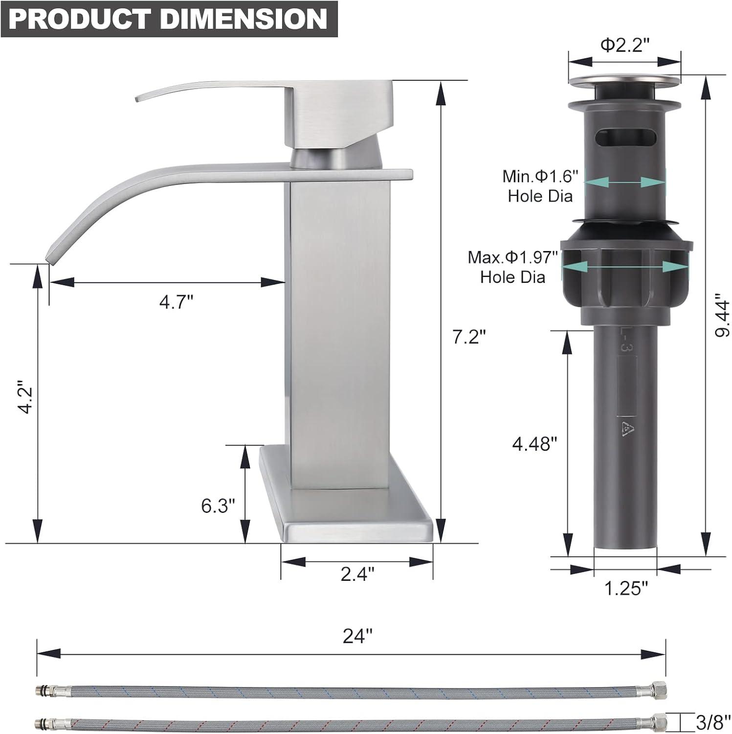 Waterfall Single Handle Bathroom Vanity Sink Faucet with Metal Pop-up Drain, Brushed Nickel Finish