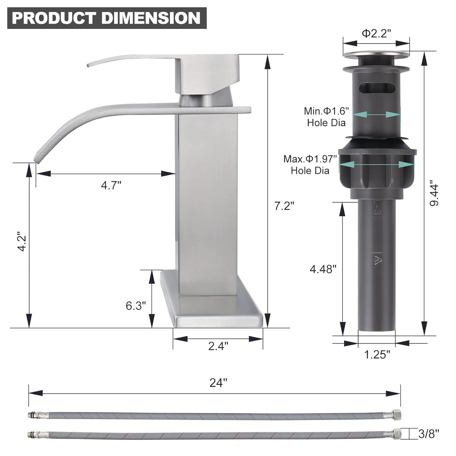 Waterfall Single Handle Bathroom Vanity Sink Faucet with Metal Pop-up Drain, Brushed Nickel Finish
