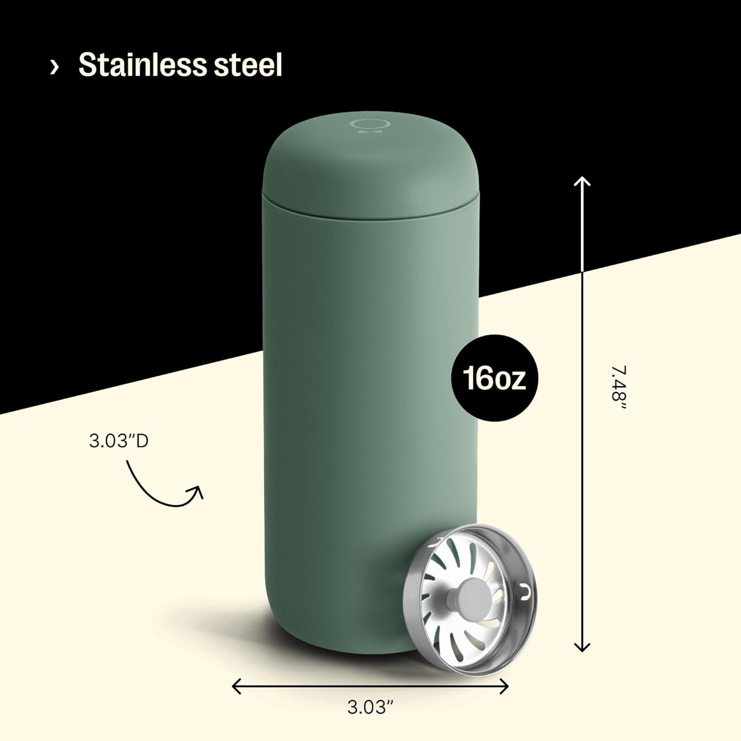 Fellow 16 oz Carter Move Travel Mug - Vacuum-Insulated Stainless Steel Travel Coffee Mug - Coffee Tumbler with Ceramic Interior and Splash Guard - Cargo Green