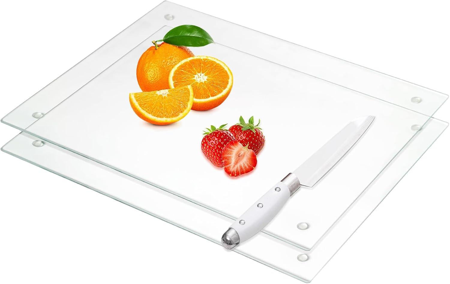 Tempered Glass Cutting Board for Kitchen, Clear Glass Board for Countertop, Heat Resistant, with Non-Slip Feet, 12x16" & 12x8" 2 Pcs Clear