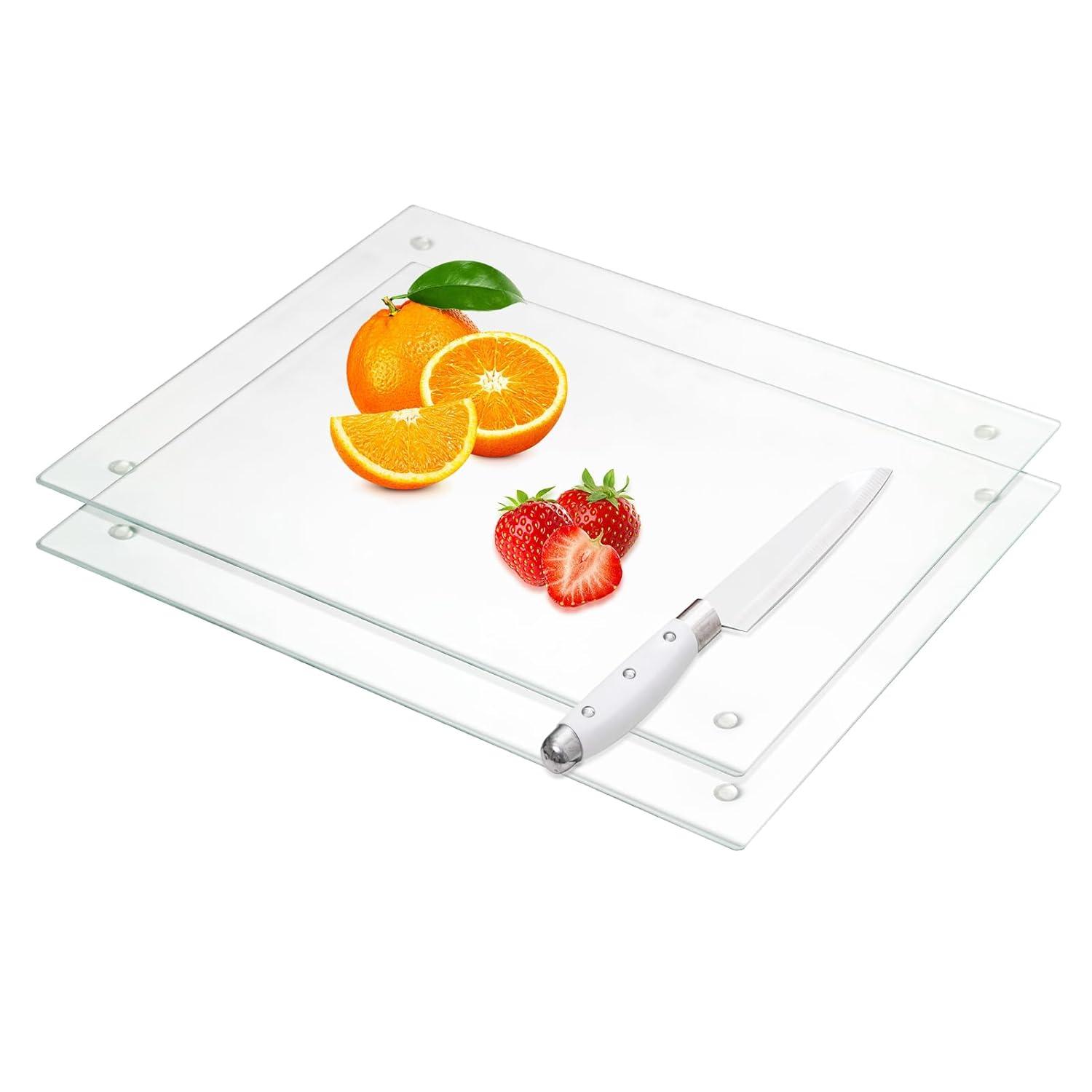 Tempered Glass Cutting Board for Kitchen, Clear Glass Board for Countertop, Heat Resistant, with Non-Slip Feet, 12x16" & 12x8" 2 Pcs Clear