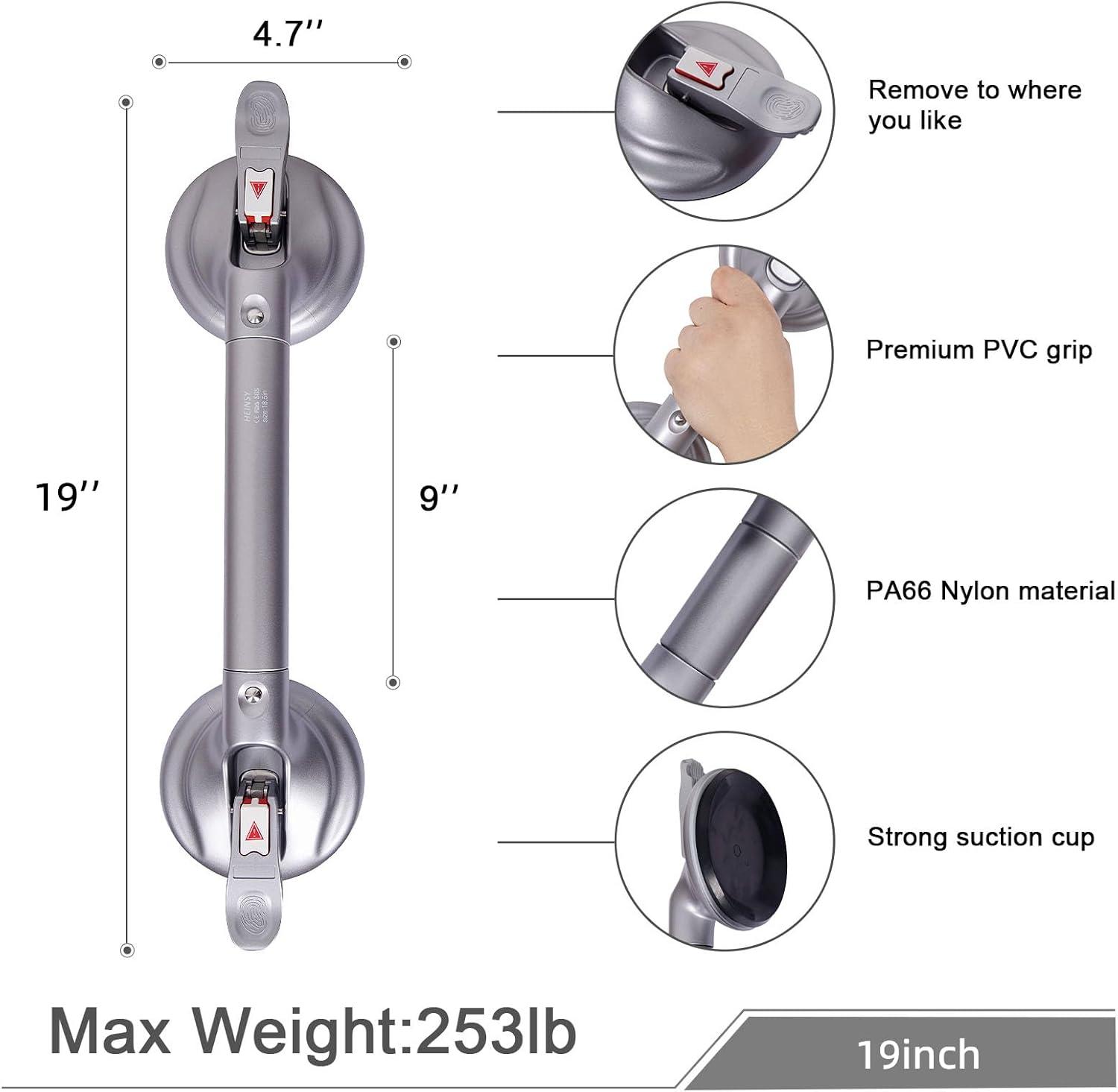 19-Inch Shower Handle - Upgraded Grab Bar with Strong Suction Cups for Bathtub & Shower Safety, Ideal for Seniors, Elderly, Disabled，Silver