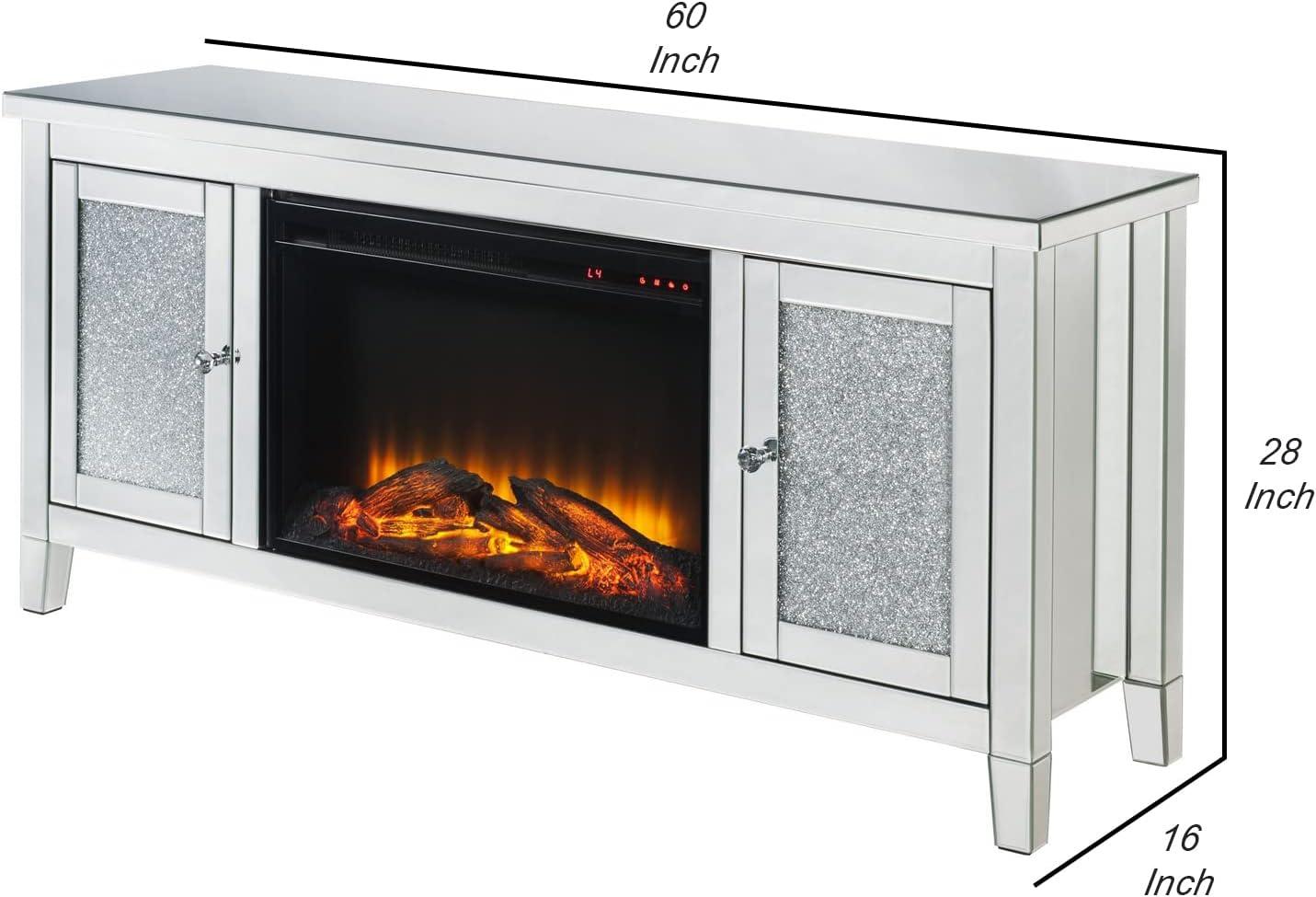 Silver Mirrored TV Stand with Electric Fireplace and Cabinet