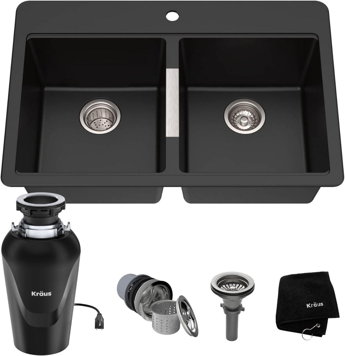 KRAUS 33 inch L Dual Mount 50/50 Double Bowl Granite Kitchen Sink w/ Top Mount and Undermount Installation in Black Onyx