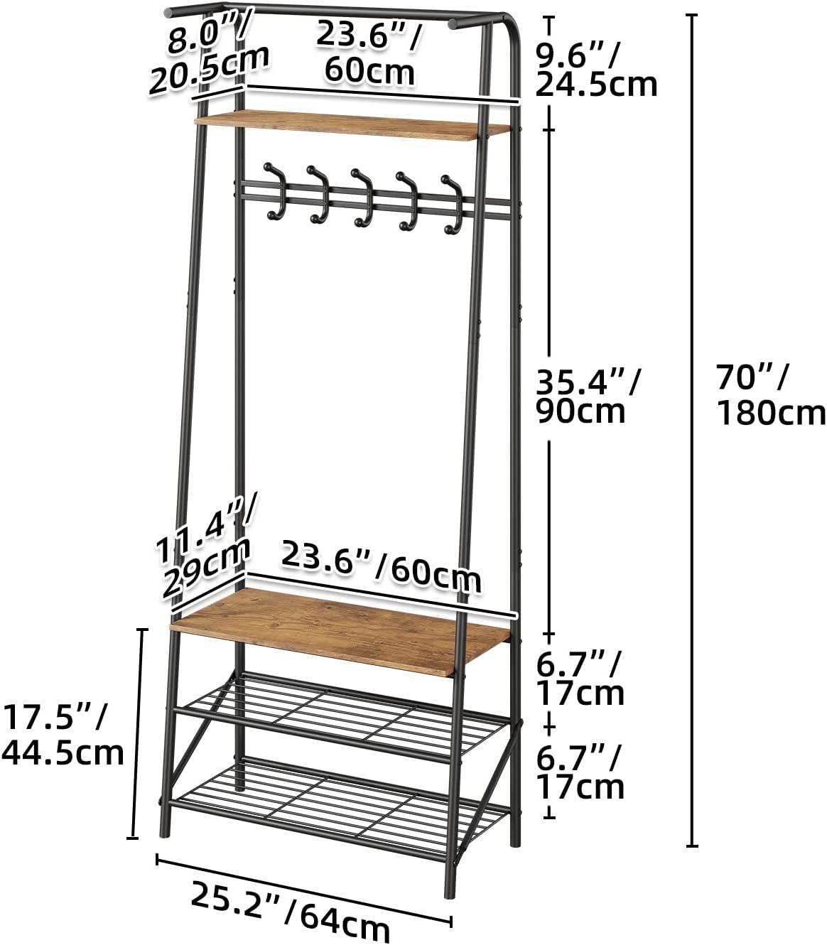 Aoile 4 in 1 Hall Tree with Shoe Storage Bench, Freestanding Coat Rack Stand with 5 Hooks for Entryway, Living Room, Bedroom, Bathroom (Rustic Brown)