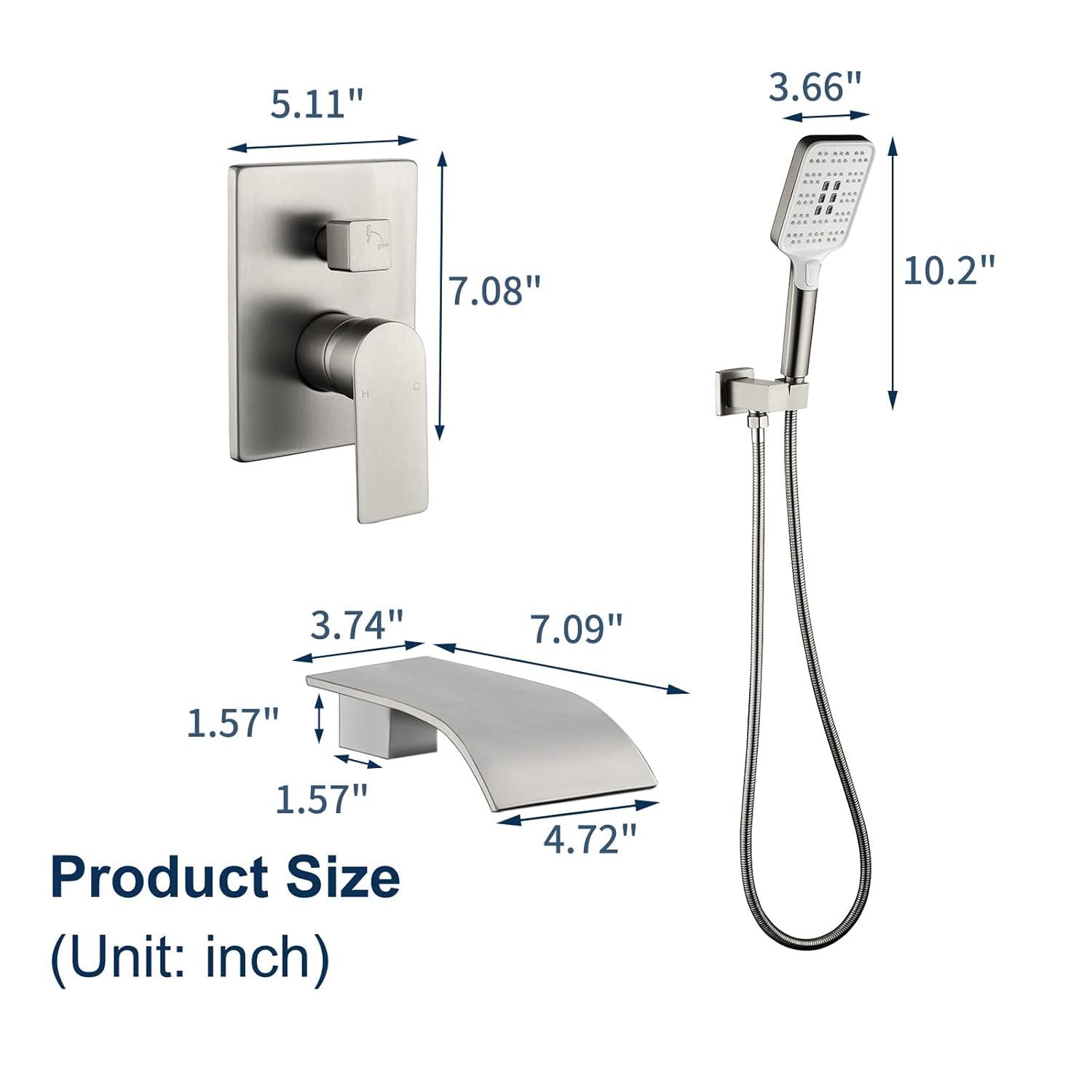 Tub Filler Faucet with Hand Shower Bath Tub Faucets with Rough-in Valve Trim Kit Wall Mounted Waterfall Bathtub Faucets Brushed Nickel